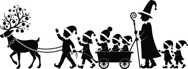 Sinterklaas and zwarte piet parade with reindeer christmas silhouette eps
