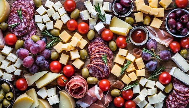 Assorted cheese charcuterie board with salami grapes olives and cherry tomato