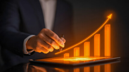 Business person holding stylus pen drawing glowing ascending bar graph on digital tablet symbolizing growth and success in a dark background