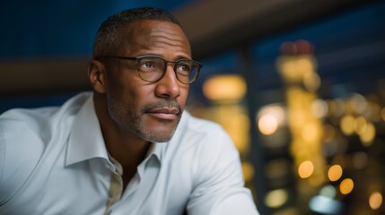 Wide shot of the lawyer gazing thoughtfully at a digital dashboard showing carbon impact data — visionary representation of how legal professionals drive sustainable corporate transformation.