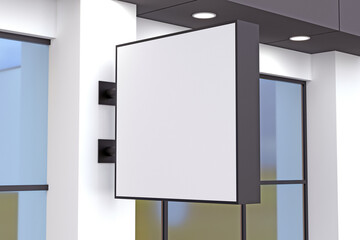 Modern square signboard mockup for business branding near windows, perfect for displaying your logo and advertising