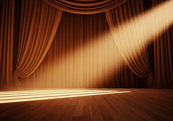 Golden stage curtains illuminated by a dramatic spotlight casting striped shadows on the wooden floor