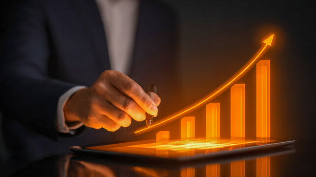 Business person holding stylus pen drawing glowing ascending bar graph on digital tablet symbolizing growth and success in a dark background