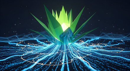 Abstract digital art featuring a glowing green plant with blue energy streams.