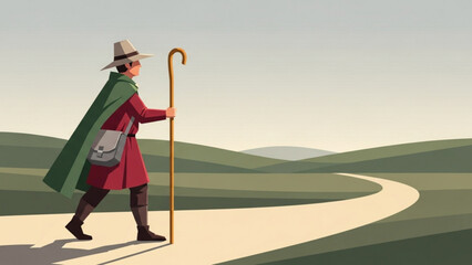 Pilgrim walking along winding path through rolling green hills under bright sky, embodying peaceful journey and spiritual quest.