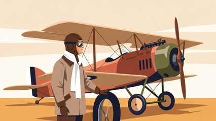 Pilot standing next to vintage biplane on desert airfield, preparing for flight with determination and a sense of adventure.