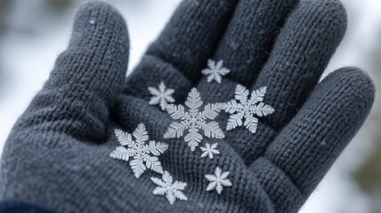 Microscopic Beauty: Close-Up View of Delicate Snowflakes Resting on Warm Woolen Gloves