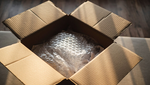 Top-down view of an open cardboard box with a fragile item protected by bubble wrap inside.