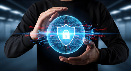 Cybersecurity protection concept with shield and padlock in hands.