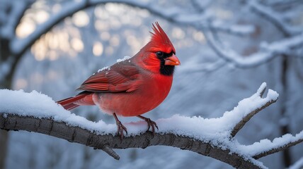 Cardinal in Winter: A Vibrant Red Bird Perched on a Snow-Covered Branch