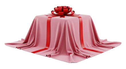 A mystery object covered by pink cloth and red ribbon bow. cutout on transparent background