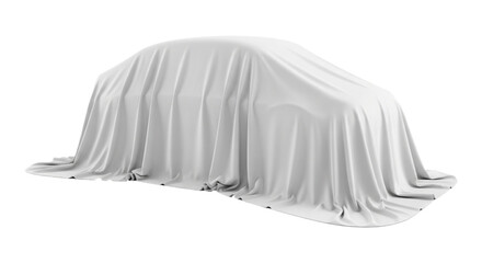 New vehicle covered by white cloth waiting for reveal. cutout on transparent background.