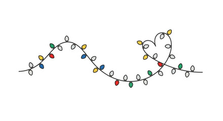 A festive string of christmas lights with colorful bulbs, some arranged in a heart shape, isolated on, perfect for holiday decorations and designs