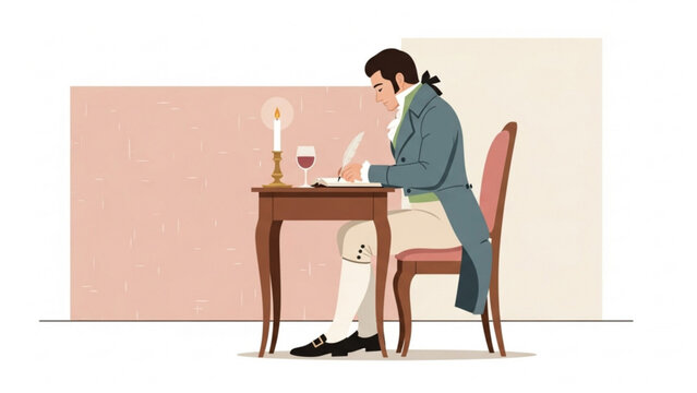 Man writing letter at wooden desk by candlelight in elegant room, capturing historical moment with classic style and thoughtful atmosphere.