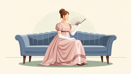 Regency era woman sitting gracefully on a blue sofa, holding a fan in a drawing room, evoking a sense of elegance and historical charm.