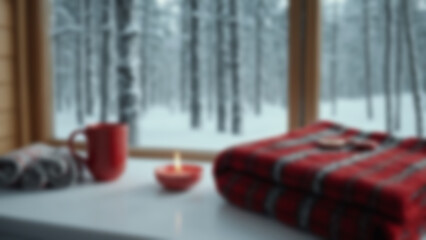 Blurred image of a modern living room interior with a Christmas theme, there is a Christmas tree decoration in the corner of the room, blurred wallpaper.