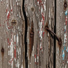 Weathered Wooden Door with Peeling Paint and Metal Handle Rustic Textures and Details