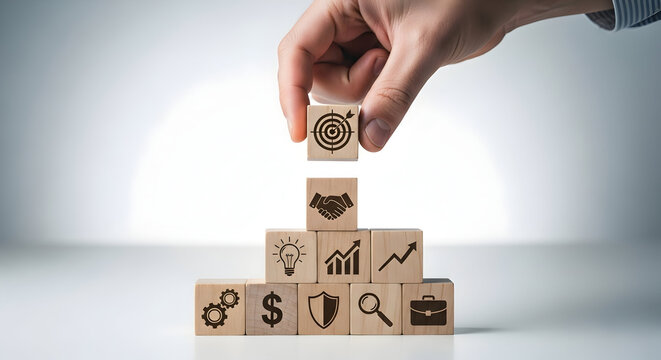 Hand placing wooden block with target icon on pyramid of blocks.
