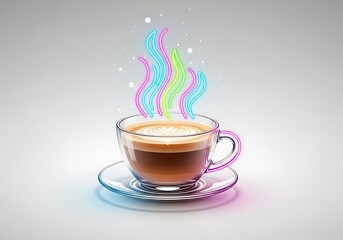 Vibrant rainbow steam rises from a double walled glass coffee cup on a saucer
