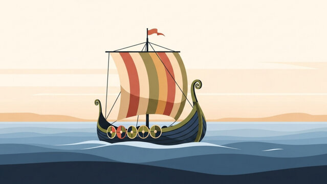 Viking ship sails across calm blue sea towards distant shore under warm sunset sky, evoking sense of adventure and historical journey.
