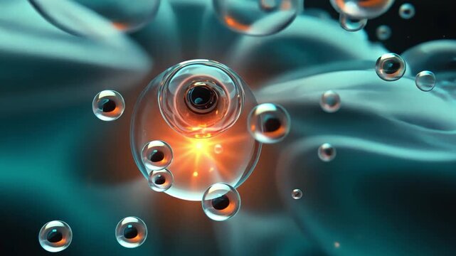 Abstract Cell Structure: A close-up view unveils the intricate beauty of cellular structures. The luminous center, encased in delicate bubbles.