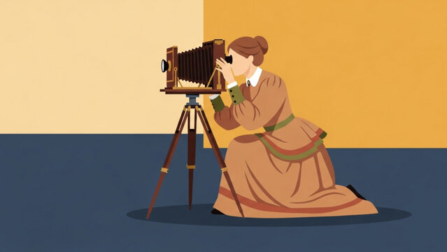Woman taking photograph with vintage camera in studio, capturing timeless moment with classic equipment and warm color palette.