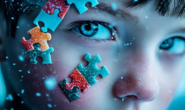 Child's face with bright blue eyes, surrounded by colorful puzzle pieces, conveying a concept of autism, mind, and development