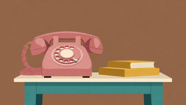 Retro pink telephone sitting on small table next to stack of golden books in cozy room, evoking nostalgia and vintage charm.