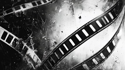 Monochrome film strips curling across a weathered surface with scratches and grain, evoking vintage cinema, classic movie reels, and cinematic nostalgia for creative projects