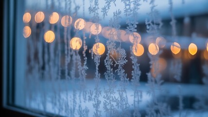 Intricate Window Frost Patterns With Holiday Lights in the Background, Winter Season, Cold