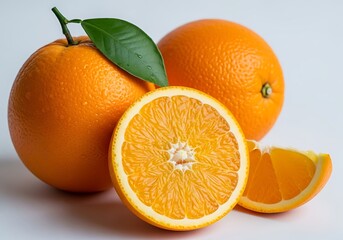 Freshly cut oranges and whole oranges with a green leaf on a white background