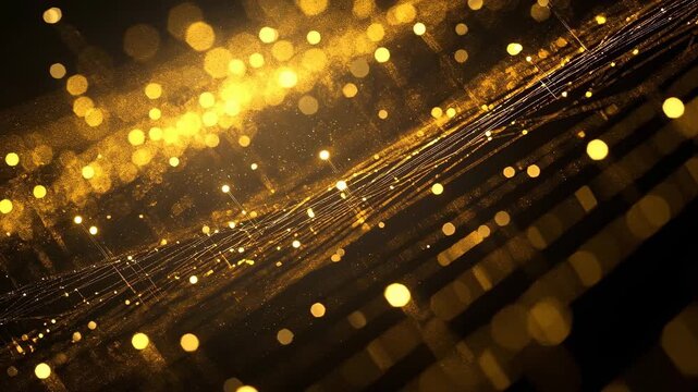 Abstract golden bokeh lights with diagonal shimmering lines form a luxurious, festive background ideal for advertising, branding, celebrations, and high-end marketing campaigns