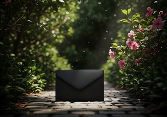 Mysterious dark envelope rests on cobblestone path amidst lush greenery and pink blossoms