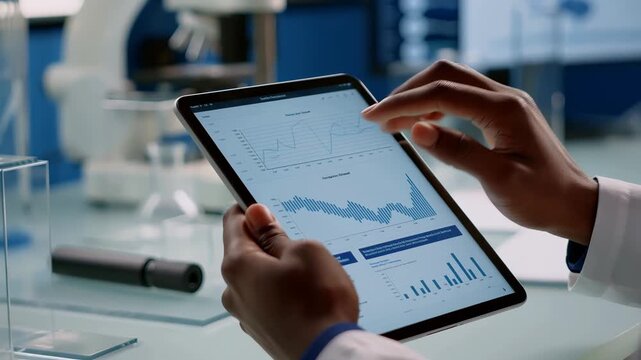 Research scientist working on medical innovation, analyzing complex charts and graphs on a digital tablet, managing data in a modern science laboratory