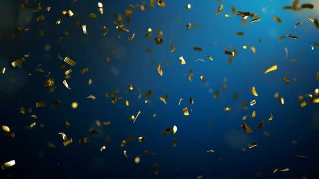 Golden confetti fluttering across a deep blue background, festive celebration atmosphere with shimmering metallic pieces, party decor for events, joyful dynamic celebration imagery