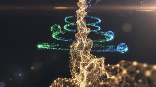 Futuristic abstract blue and gold particle swirl animation with rising energy on dark background. Ai Generated