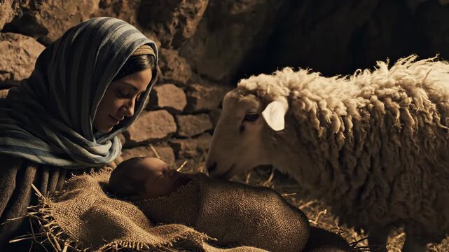 Woman, a mother, holding baby in manger while a sheep watches, depicting the nativity scene, religious Christmas concept.