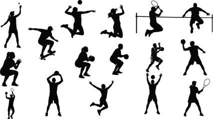 Collection of black silhouette sports figures including tennis, basketball, volleyball and skateboarding athletes in action poses, vector illustration set.