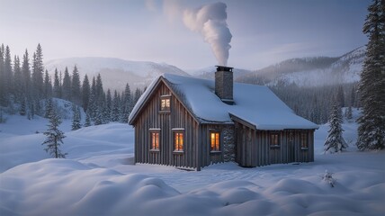 Rustic Cabin Amidst Snowy Landscape, with Smoke Rising: A Winter Retreat