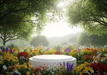 Serene garden stage bathed in golden sunlight amidst vibrant spring blooms