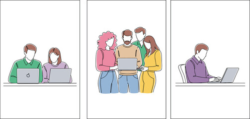 Continuous line drawing set of office people working on laptops, team collaboration and individual focus, colorful flat vector illustration.