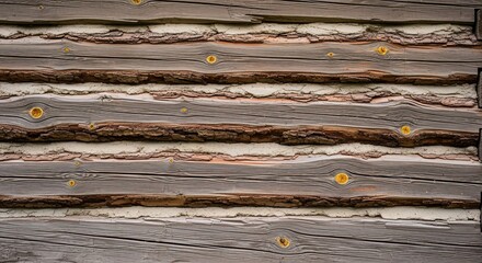Rustic Wooden Log Wall Texture Close-up with Natural Grain and Visible Construction Details
