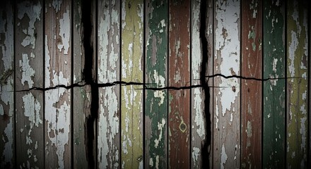 Grungy vintage timber planks showcasing a prominent crack and layers of flaking, colorful paint, an ideal textured backdrop for design projects