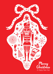 Сute Christmas illustration of the red Nutcracker in a decorative frame. Cute Christmas vector poster. 
Interior poster. 