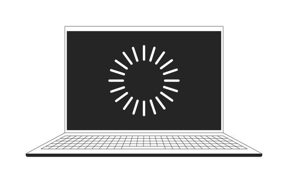 Open laptop with loading screen 2D line object. Slow internet buffering notebook. Tech wait UI loader. Device upgrade throbber isolated clipart vector ink outline item. Monochrome spot illustration