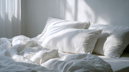 Soft natural sunlight fills a cozy bedroom with crumpled white bedding and plush pillows creating a serene and inviting atmosphere for restful morning relaxation