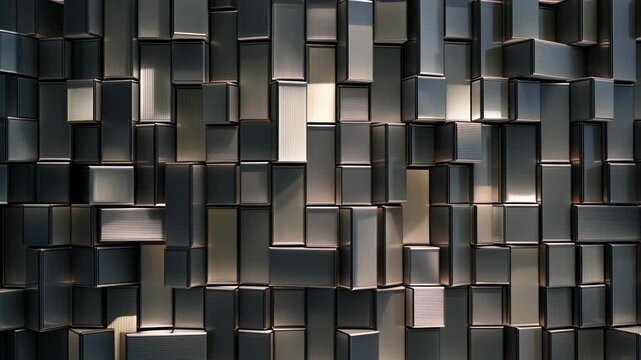 Abstract close-up of a contemporary architectural metal panel facade with geometric rectangular tile, reflecting light in varying tones to create a textured, industrial pattern