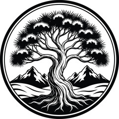 Tree of life illustration with mountains and roots black and white art eps silhouette