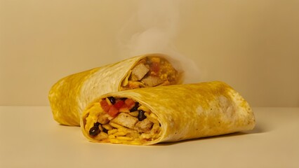 A hyper-realistic 8K studio shot of a steaming burrito, stuffed with seasoned chicken, colorful veggies, melted cheese, and fresh salsa.