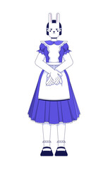 Standing girl in vintage dress with bunny mask 2D cartoon character. Rabbit masked maid young woman in fantasy outfit with frilly apron flat vector person isolated on white. Spot illustration colorful
